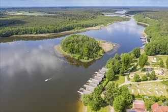 Aerial view of island in lake Granzower Möschen, Mecklenburg lake district, Mecklenburg-Vorpommern,