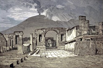 Ruins of the Roman city of Pompeii and the volcano Vesuvius, Italy, digital reproduction of an