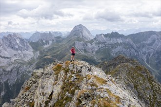 Aerial view, hiker on the Raudenspitze, Carnic High Trail, Carnic Main Ridge, Carnic Alps,