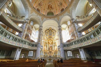 Baroque Protestant Lutheran Church of Our Lady, Interior view with altar and organ, Dresden,