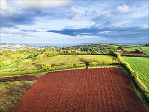 Fields and Farms over Torquay from a drone, Devon, England, United Kingdom, Europe