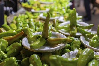 Oaxaca, Mexico, Peppers on sale at the Benito Juarez Market. Opened in 1894, it is one of the