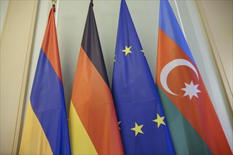 Trilateral meeting at Villa Borsig between Germany, Armenia and Azerbaijan. Flags of Germany,