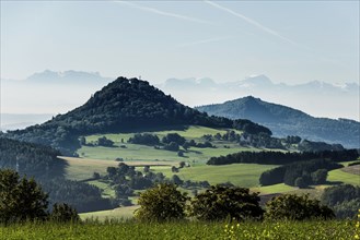 Hegau volcanoes Hohenhewen and Hohenstoffeln, behind the Swiss Alps, Engen, Hegau, district of