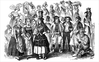 Various costumes of the rural population in France in 1870, in the foreground Normandy, Brittany