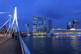 Rotterdam, skyline at the Nieuwe Maas, Erasmus Bridge, skyscrapers at the Kop van Zuid district,