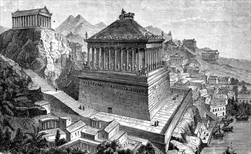 Tomb at Halicarnassus, Mausoleum, ancient city in Asia Minor, Bodrum, Turkey, Illustration in 1880,