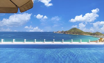 Scenic panoramic aerial view of Los Cabos landmark tourist destination Arch of Cabo San Lucas