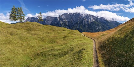 Panorama from Hoher Kranzberg, 1397m to the cloudy Karwendel Mountains, Werdenfelser Land, Upper