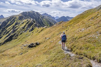 Hiker on the Carnic High Trail, Carnic Main Ridge, Carnic Alps, Carinthia, Austria, Europe