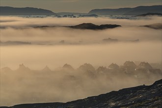 Houses in the fog in front of icebergs and ice floes, summer, midnight sun, Jakobshavn glacier and