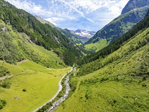 A wide valley with a meandering river, framed by lush green meadows and steep forested mountains