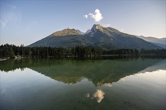 Hochkalter reflected in Hintersee, at sunset, Berchtesgaden National Park, Ramsau, Upper Bavaria,