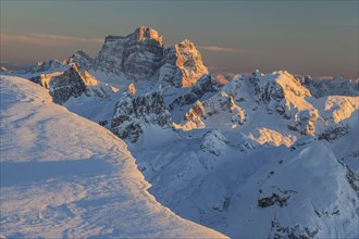 Mountain peak in the snow at sunset, winter, Monte Pelmo, Dolomites, Belluno, Italy, Europe