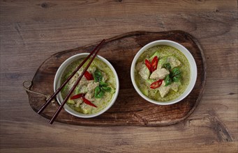 Green curry with chicken, traditional Thai cuisine, Asian food, homemade, no people