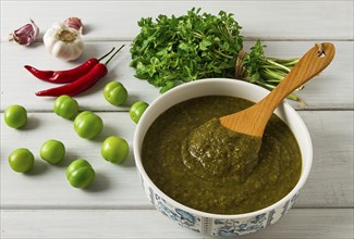 Tkemali sauce, traditional Georgian cuisine, green cherry plum, with ingredients for sauce,