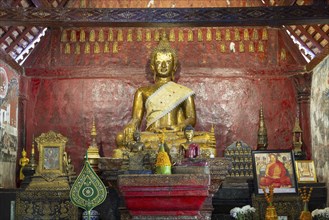 Golden Buddha statue, Bhumispara-mudra, Buddha Gautama at the moment of enlightenment, Wat Long