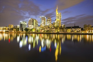 Skyline and banking district after sunset, twilight, Tower 185, Commerzbank, HelaBa, Hessische