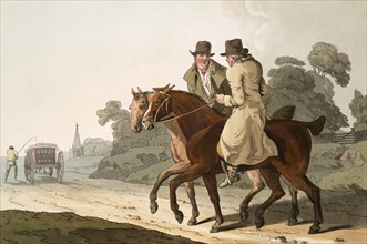 Scene from everyday life in England around 1810, rich farmers on their horses chatting, historical,