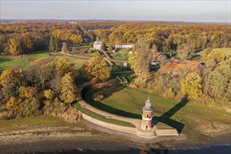 Aerial view of lighthouse and castle Fasanenschloss, view to castle Moritzburg in the back, autumn