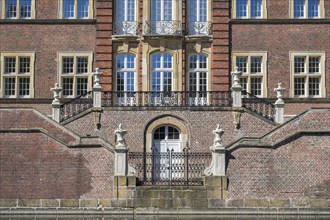 Baroque and moated castle Ahaus, garden-side centre risalit with garden staircase, today the seat