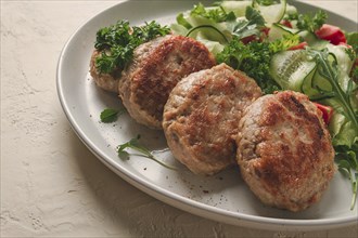 Fried cutlets, turkey, with vegetable salad, top view, no people