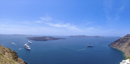 Greece Islands, scenic panoramic sea views of Santorini island from top outlook of Fira village