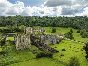 Rievaulx Abbey from a drone, North York Moors National Park, North Yorkshire, England, United