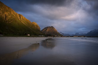 Landscape on the Lofoten Islands. The village of Ramberg, with the sea and the sandy beach