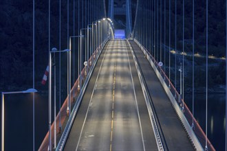 Bridge Hardangerbrua at night, Hardangerbridge, over the Eidfjord, a branch of the Hardangerfjord,