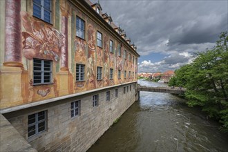 Old town hall in the centre of the Regnitz with new painting by Anton Greiner around 1960, Bamberg,