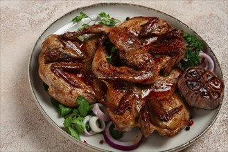 Fried, quail meat, tobacco (tapaka), with spices, homemade, no people