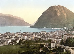 Lugano, General view, Ticino, Switzerland, Historical, digitally restored reproduction from a 19th