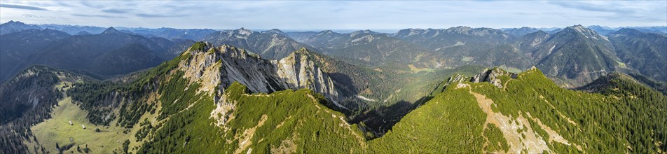 Alpine panorama, aerial view, summit and degree, Bavarian and Austrian Schinder, Tegernsee