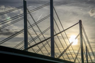 Piers and stay cables of the new motorway bridge of the A40, over the Rhine near Duisburg,