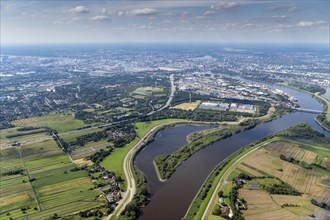 Aerial view, Kreetsand, Tiedeelbe concept, flood space, flood, Elbe, Norderelbe, tide, Hamburg Port