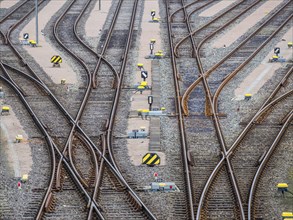 Parallel rails, railway switches, multiple directions, Hamburg harbor, Germany, Europe