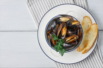 Fresh, Boiled mussels, Black Sea, with white bread, on a white wooden table, no people