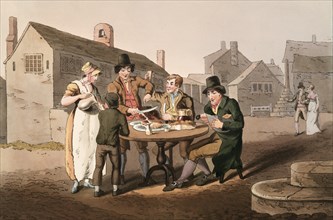 Scene from everyday life in England around 1810, family at the dining table in the courtyard to