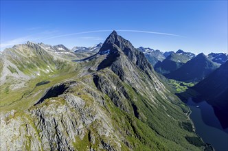 Panoramic aerial view of Mt. Slogen and inner Hjorundfjord, Norway, Europe