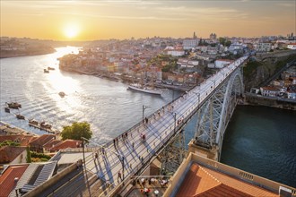 View of Porto city and Douro river and Dom Luis bridge I from famous tourist viewpoint Miradouro da