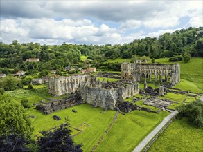 Rievaulx Abbey from a drone, North York Moors National Park, North Yorkshire, England, United