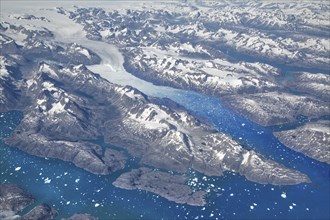 Aerial view of scenic Greenland Glaciers and icebergs