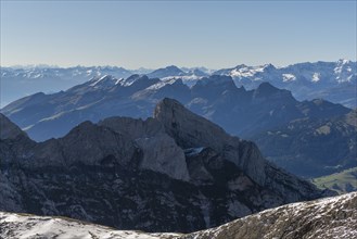 View from the alpine peak SÃ¤ntis to the Appenzell Alps, 2505m altitude, SchwÃ¤galp, snow-covered