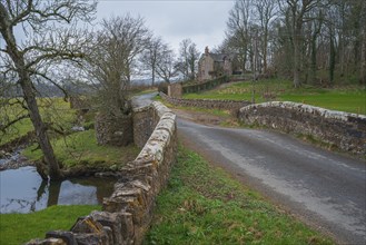 View of a bridge and a house along a small road, landscape photograph, landscape photo, Lake