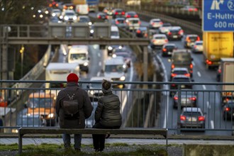 Traffic jam on the A40 motorway, city passage, Essen-Huttrop junction, traffic jam in both