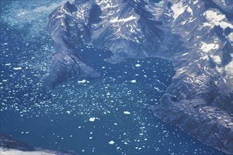 Aerial view of scenic Greenland Glaciers and icebergs