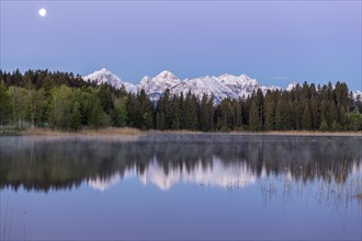 Hegratsrieder See near Füssen, AllgÃ¤u Alps, snow, moon, dawn, AllgÃ¤u, Bavaria, Germany, Europe