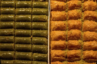 Egyptian bazar with pastries, Istanbul, Turkey, Asia