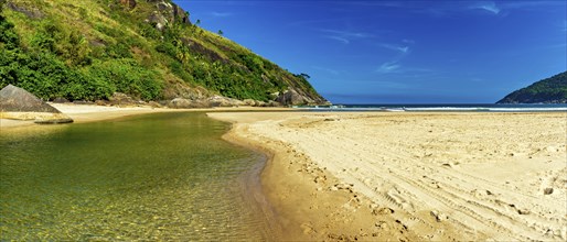 River flowing into the sea at Bonete beach on the island of Ilhabela on the coast of Sao Paulo,